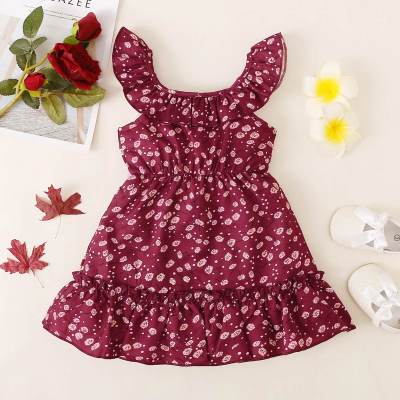 Toddler Girls Square Neck Floral Ruffles Pleats Dress