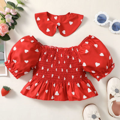 Toddler Girls Heart-shaped Smocking Puff Sleeve Top T-shirt
