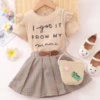 Toddler Girls Ribbed Letter Printed Color-block Top & Skirt  Apricot