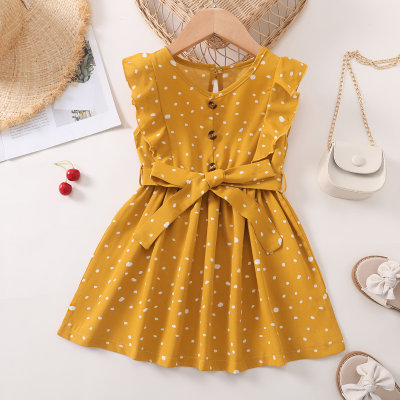 Toddler Girls Polka Dot Solid Color Ruffle Sleeve Dress