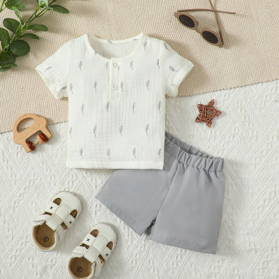 2-piece Baby Boy Pure Cotton Foral Printed Short Sleeve Top & Solid Color Shorts