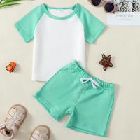 2-piece Baby Color-block Patchwork Short Sleeve T-shirt & Solid Color Shorts  Light Green