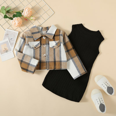 2-piece Toddler Girl 100% Cotton Plaid Jacket & Solid Color Sleeveless Tank Dress