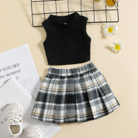 Toddler Girls Cotton Solid Color Vest &  Plaid Skirt  Black
