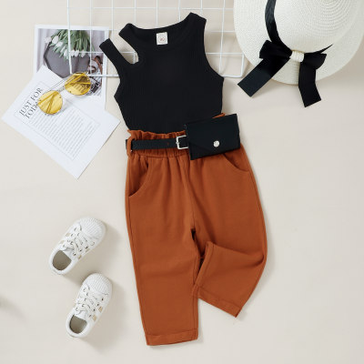 Toddler Girl Casual Solid Color Vest & Pants With Waist Bag