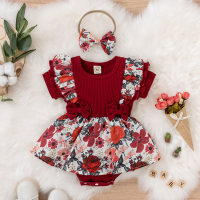 Baby Girl 2 Pieces Floral Pattern Ruffles Bow Decor Bodysuit & Headband  Red