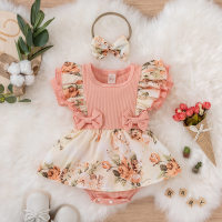 Baby Girl 2 Pieces Floral Pattern Ruffles Bow Decor Bodysuit & Headband  Pink