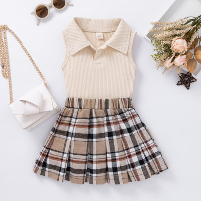 Toddler Girls Polo Collar Plaid Color-block Top & Skirt Dress Set