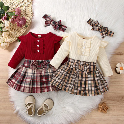 Brother and Sister Solid Color Button Front Long Fly Sleeve Romper & Plaid Bowknot Decor Pleated Dress