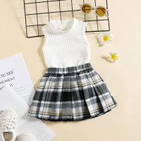 Toddler Girls Cotton Solid Color Vest &  Plaid Skirt  White
