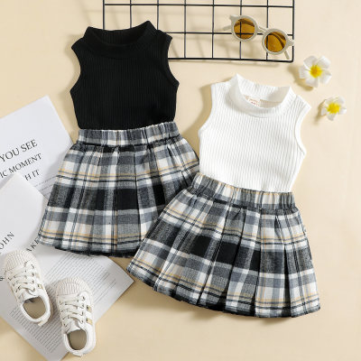 Toddler Girls Cotton Plaid Solid Color-block  Top & Skirt Dress Set