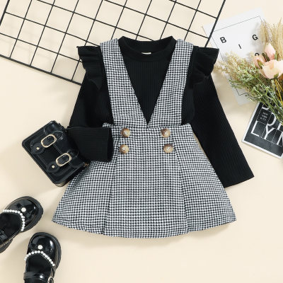 2-piece Toddler Girl 100% Cotton Solid Color Ruffled Long Sleeve Top & Houndstooth Button Decor Suspender Dress
