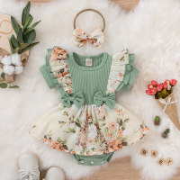 Baby Girl 2 pezzi motivo floreale con balze con fiocco, body e fascia per capelli  verde