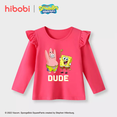 hibobi x SpongeBob Toddler Girl  Casual Cute Letter Print Round Collar Long sleeve T-shirt