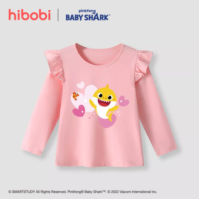hibobi x Baby Shark Toddler Girl Cute Cartoon Animal Print T-shirt a maniche lunghe con colletto tondo