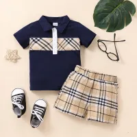 Toddler Boy Plaid Single-breasted Polo Collar Top & Shorts  Deep Blue