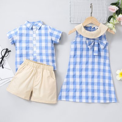 Brother Sister Clothes Plaid Print Sleeveless Dress & Blouse and Shorts