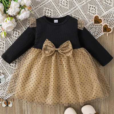 0-3 years old girls dress spring and autumn pit strip casual printed western style long-sleeved infant skirt baby girl princess skirt mesh bow flying sleeve children's skirt