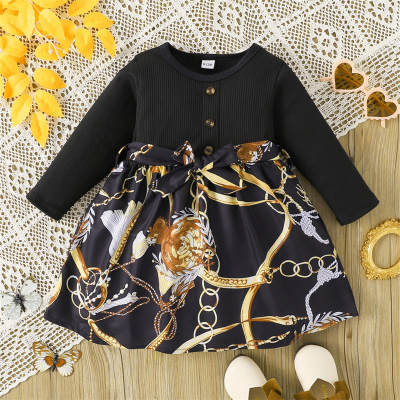 0-3 years old girls dress spring and autumn pit strip casual printed western style long-sleeved infant skirt baby girl princess dress black belt children's skirt