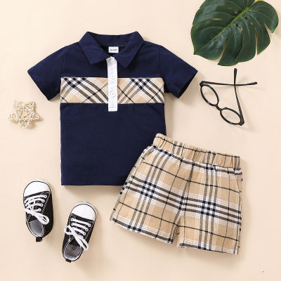 Toddler Boy Plaid Single-breasted Polo Collar Top & Shorts