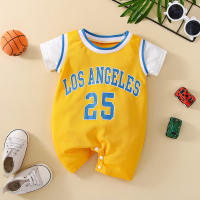 Mameluco de manga corta con patrón de número de la suerte deportivo para bebé niño  Amarillo