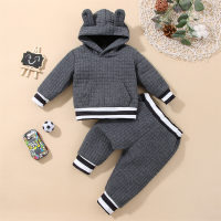 Baby Color-block Horizontal Stripes Hooded Sweater & Pants  Gray