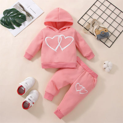 Baby Girl Solid Color Heart-shaped Pattern Hooded Sweater & Pants