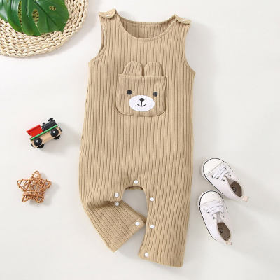 Baby Boy Solid Color Animal Bear Pocket Decorative Sleeveless Jumpsuit