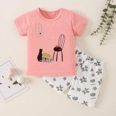 Pijama de camiseta y pantalones cortos de algodón con dibujos animados de animales para niñas pequeñas