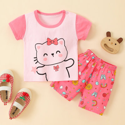 Toddler Girl Cotton Cartoon Animal Sweet T-shirt & Shorts Pajamas