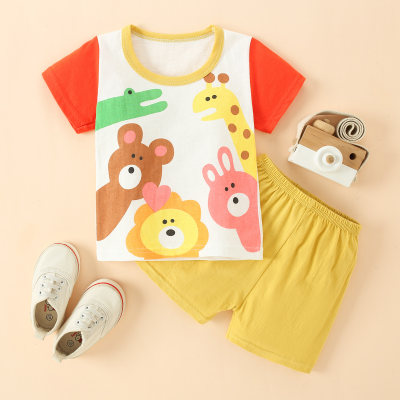 Pijama con camiseta y pantalones cortos de animales de dibujos animados para niñas pequeñas