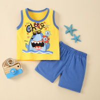 Camiseta sin mangas y pantalones cortos casuales de animales de dibujos animados de algodón para niños pequeños  Azul profundo