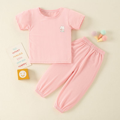 Pijama de camiseta y pantalones con estampado informal sólido para niña pequeña