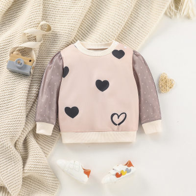 Baby Girl Heart Pattern Mesh Polka Dotted Puff Sleeve Patchwork Sweatshirt