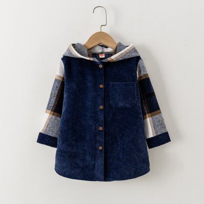 Toddler Boy Solid Color Plaid Patchwork Button-up Hooded Shirt