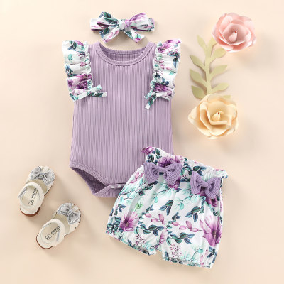 Baby Girl Solid Colour Ruffle-sleeve Bodysuit And Floral Shorts with Headband