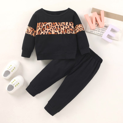 2-piece Baby Girl Color-block Leopard Print Long Sleeve Top & Solid Color Pencil Pants