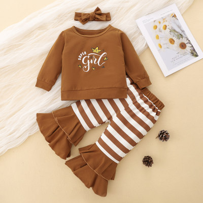 Baby Daily Round neck Solid Ruffles Print Flare pants Long-sleeve Regular  Suit