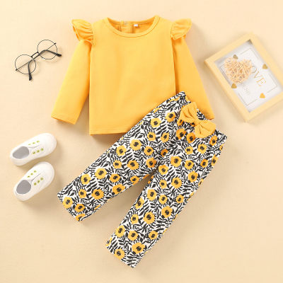 2-piece Baby Girl Solid Color Long Fly Sleeve Top & Allover Sunflower Printed Bowknot Front Pants