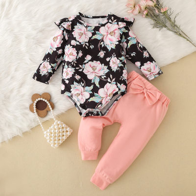 2-piece Baby Girl Floral Printed Long Fly Sleeve Romper & Solid Color Bowknot Front Pants