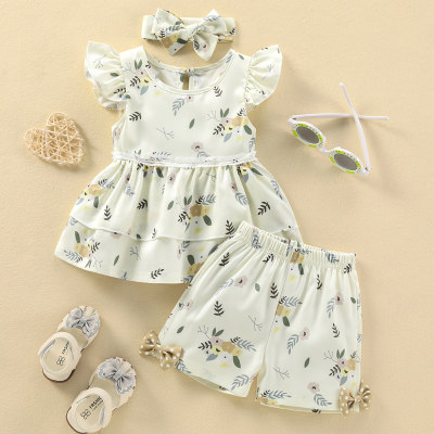 Baby Girl Beautiful Ruffle Sleeve Floral Top And Shorts  with Headband
