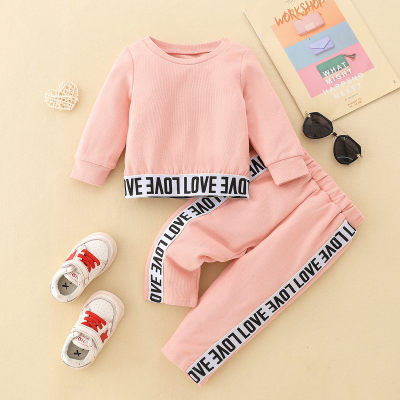 2-piece Baby Girl Solid Color Letter Stripe Spliced Long Sleeve Top & Matching Pants