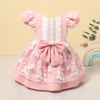 Baby Girl Elegant Pink Ruffle Sleeve Lace Princess Dress With Bowknot  Pink