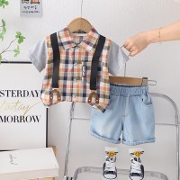 WN patch sleeve plaid short sleeve set  Brown