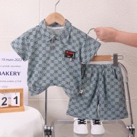 2023 nuevo traje de verano para niños, niños guapos, ropa de moda, conjunto de dos piezas de manga corta de verano para bebés, a la moda  Verde