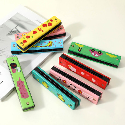 Dessin animé en bois 16 trous harmonica à double rangée jouets d'instruments de musique pour enfants