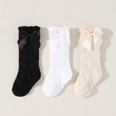 3-pair Baby Girl Pure Cotton Solid Color Textured Bowknot Decor Stockings