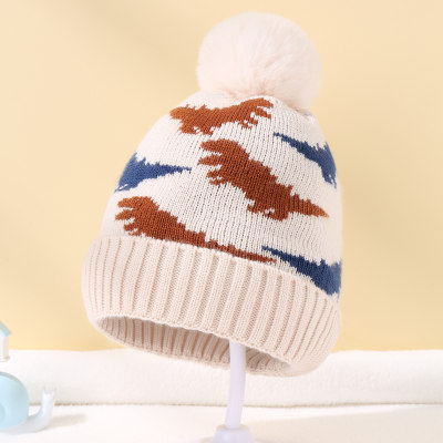 Baby Dinosaur Pattern Pom Pom Decor Knitted Hat