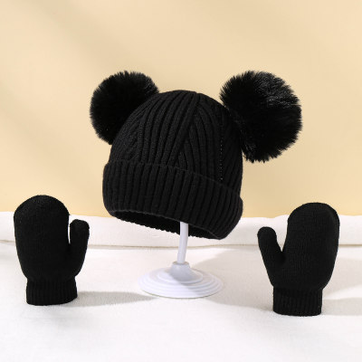 2-piece Baby Solid Color Double Ball Ribbed Thick Beanie Hat & Mittens