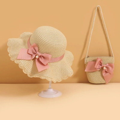 Sombrero de paja con lazo de perla de 2 piezas para niña pequeña